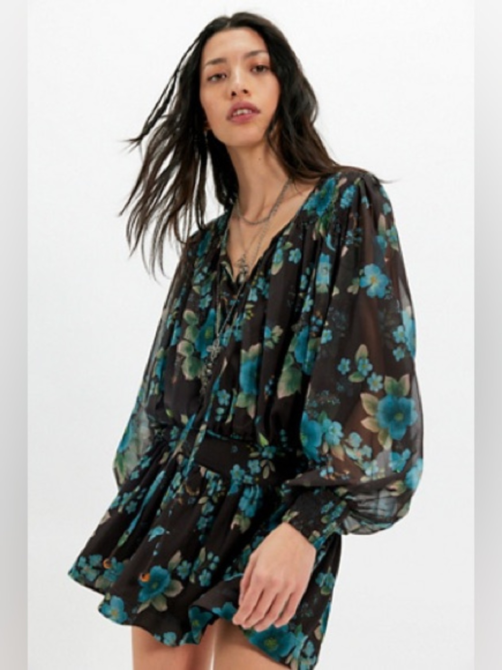Free People Sunbeam‎ Printed Mini Dress Floral Blue Brown XS